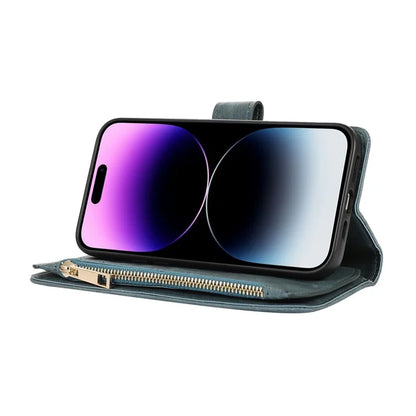 For iPhone 16 Pro Max Case TPU+PU Leather Zipper Pocket Wallet Phone Cover with Wrist Strap