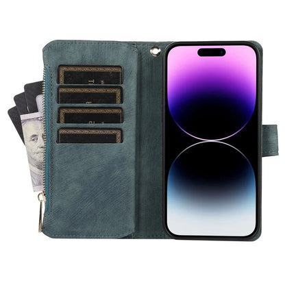 For iPhone 16 Pro Max Case TPU+PU Leather Zipper Pocket Wallet Phone Cover with Wrist Strap