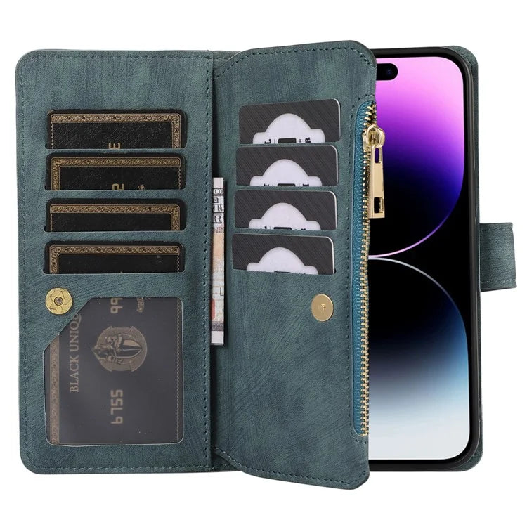 For iPhone 16 Pro Max Case TPU+PU Leather Zipper Pocket Wallet Phone Cover with Wrist Strap