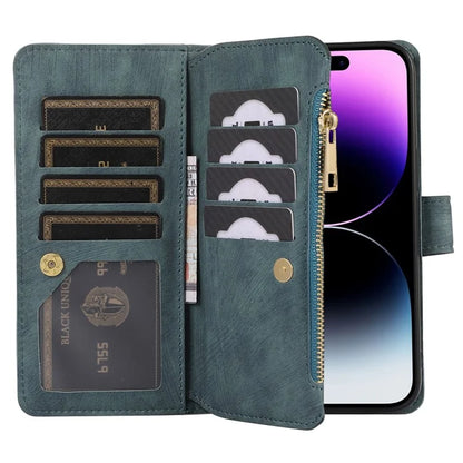 For iPhone 16 Pro Max Case TPU+PU Leather Zipper Pocket Wallet Phone Cover with Wrist Strap