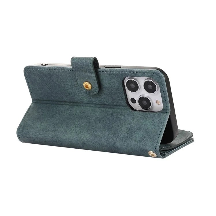 For iPhone 16 Pro Max Case TPU+PU Leather Zipper Pocket Wallet Phone Cover with Wrist Strap