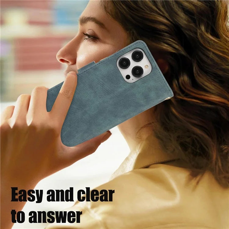 For iPhone 16 Pro Max Case TPU+PU Leather Zipper Pocket Wallet Phone Cover with Wrist Strap
