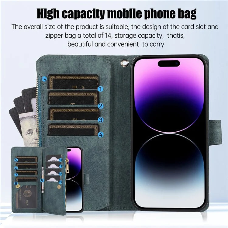 For iPhone 16 Pro Max Case TPU+PU Leather Zipper Pocket Wallet Phone Cover with Wrist Strap