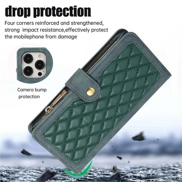 For iPhone 16 Pro Max Case TPU+PU Leather Zipper Pocket Wallet Phone Cover with Wrist Strap