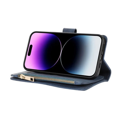 For iPhone 16 Pro Max Case TPU+PU Leather Zipper Pocket Wallet Phone Cover with Wrist Strap