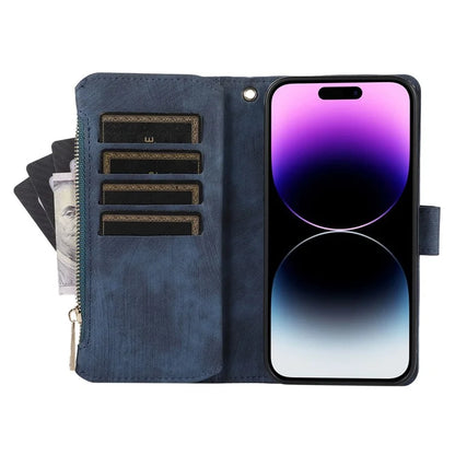 For iPhone 16 Pro Max Case TPU+PU Leather Zipper Pocket Wallet Phone Cover with Wrist Strap