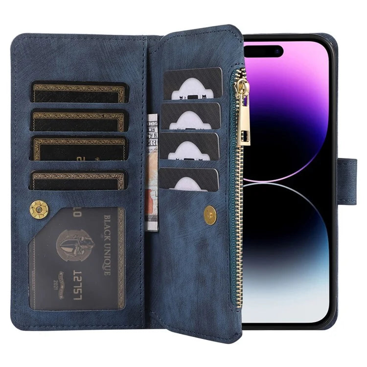 For iPhone 16 Pro Max Case TPU+PU Leather Zipper Pocket Wallet Phone Cover with Wrist Strap