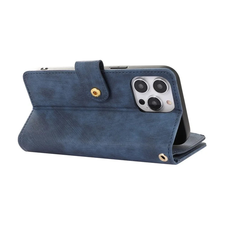For iPhone 16 Pro Max Case TPU+PU Leather Zipper Pocket Wallet Phone Cover with Wrist Strap