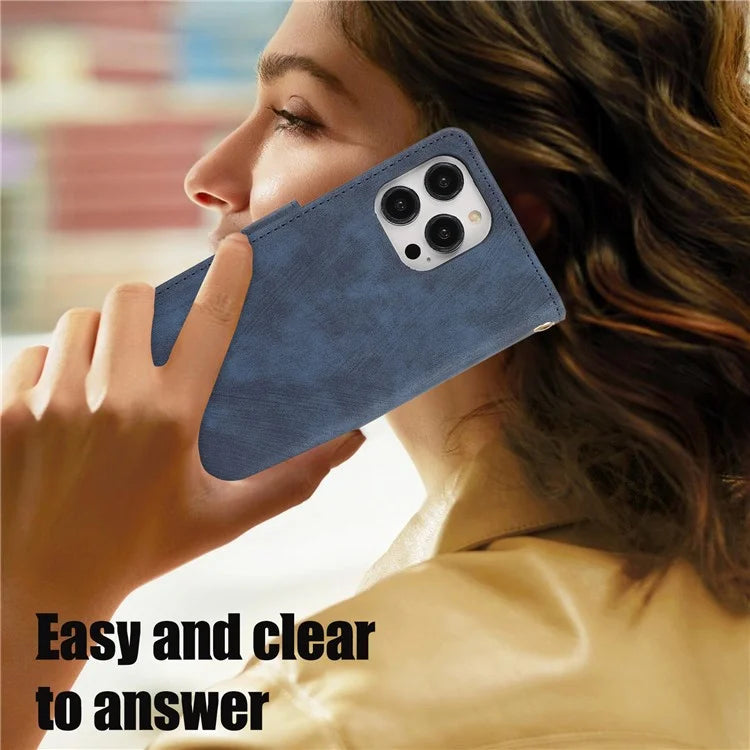 For iPhone 16 Pro Max Case TPU+PU Leather Zipper Pocket Wallet Phone Cover with Wrist Strap
