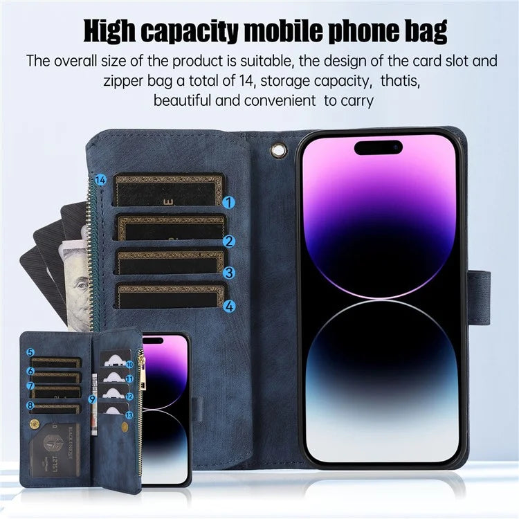 For iPhone 16 Pro Max Case TPU+PU Leather Zipper Pocket Wallet Phone Cover with Wrist Strap