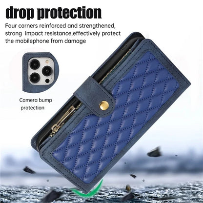 For iPhone 16 Pro Max Case TPU+PU Leather Zipper Pocket Wallet Phone Cover with Wrist Strap