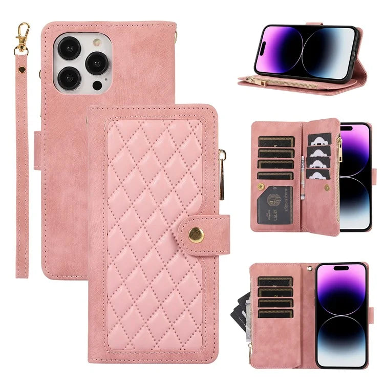 For iPhone 16 Pro Max Case TPU+PU Leather Zipper Pocket Wallet Phone Cover with Wrist Strap