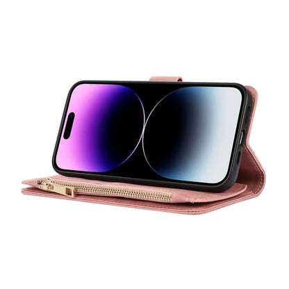 For iPhone 16 Pro Max Case TPU+PU Leather Zipper Pocket Wallet Phone Cover with Wrist Strap