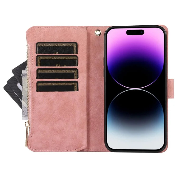 For iPhone 16 Pro Max Case TPU+PU Leather Zipper Pocket Wallet Phone Cover with Wrist Strap