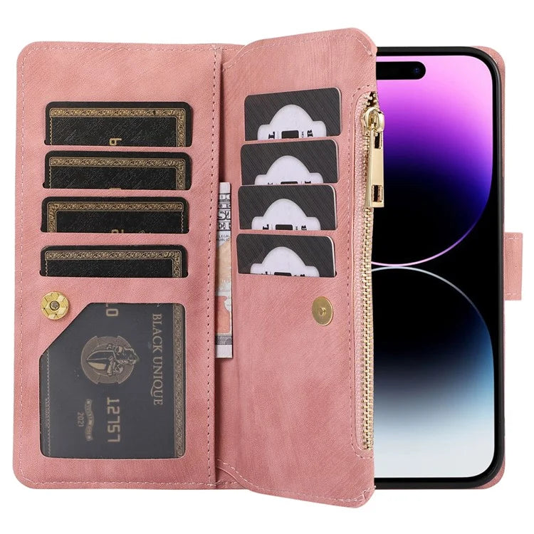 For iPhone 16 Pro Max Case TPU+PU Leather Zipper Pocket Wallet Phone Cover with Wrist Strap