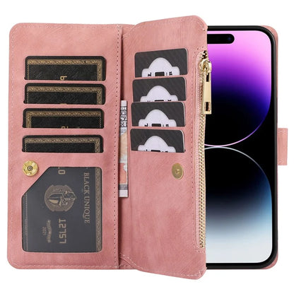 For iPhone 16 Pro Max Case TPU+PU Leather Zipper Pocket Wallet Phone Cover with Wrist Strap