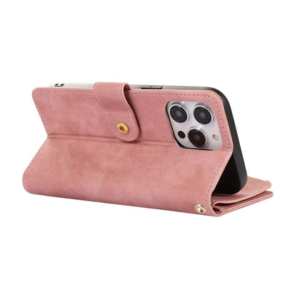For iPhone 16 Pro Max Case TPU+PU Leather Zipper Pocket Wallet Phone Cover with Wrist Strap