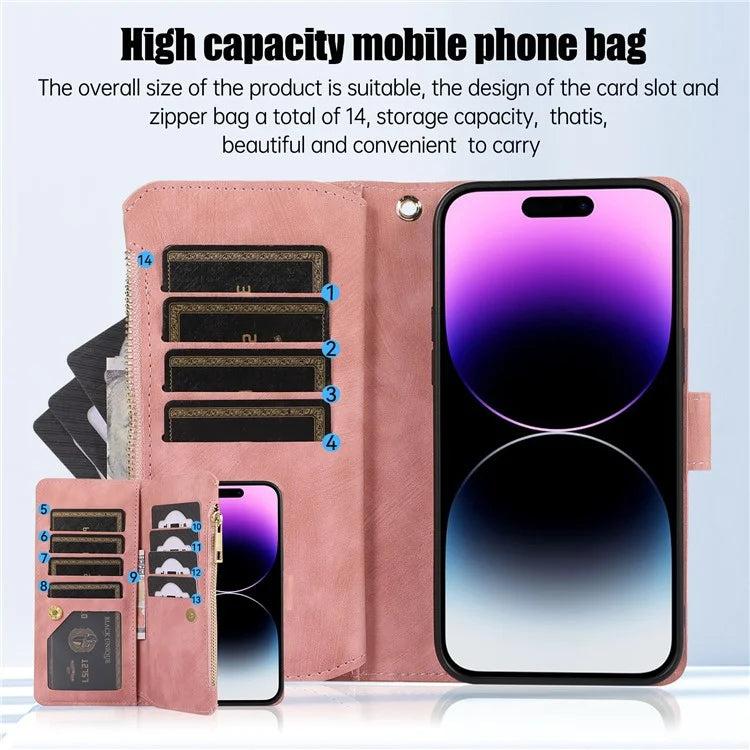 For iPhone 16 Pro Max Case TPU+PU Leather Zipper Pocket Wallet Phone Cover with Wrist Strap