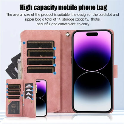 For iPhone 16 Pro Max Case TPU+PU Leather Zipper Pocket Wallet Phone Cover with Wrist Strap