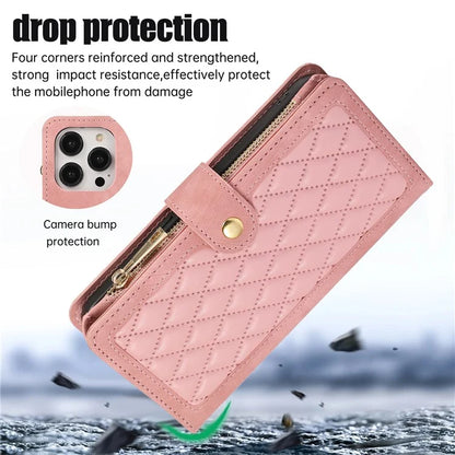 For iPhone 16 Pro Max Case TPU+PU Leather Zipper Pocket Wallet Phone Cover with Wrist Strap