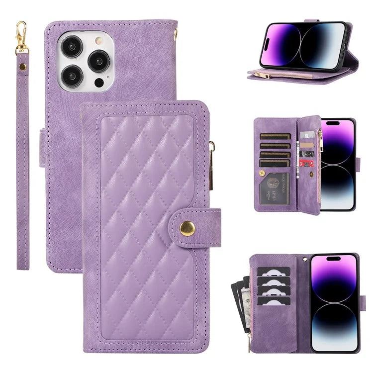 For iPhone 16 Pro Max Case TPU+PU Leather Zipper Pocket Wallet Phone Cover with Wrist Strap