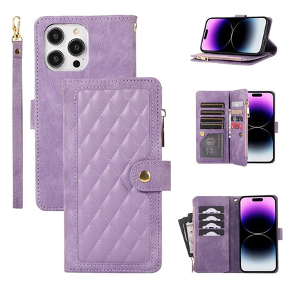 For iPhone 16 Pro Max Case TPU+PU Leather Zipper Pocket Wallet Phone Cover with Wrist Strap