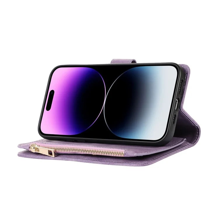 For iPhone 16 Pro Max Case TPU+PU Leather Zipper Pocket Wallet Phone Cover with Wrist Strap