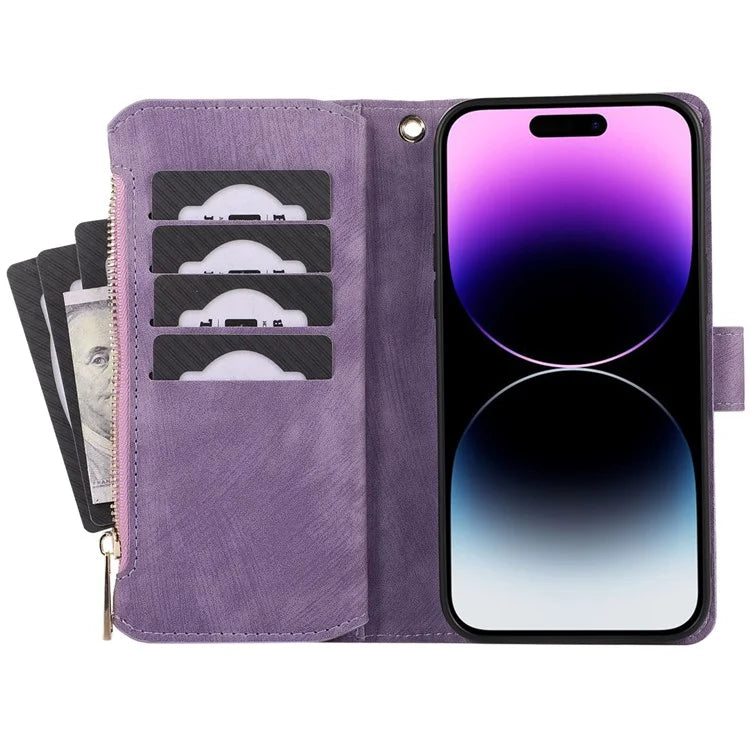 For iPhone 16 Pro Max Case TPU+PU Leather Zipper Pocket Wallet Phone Cover with Wrist Strap