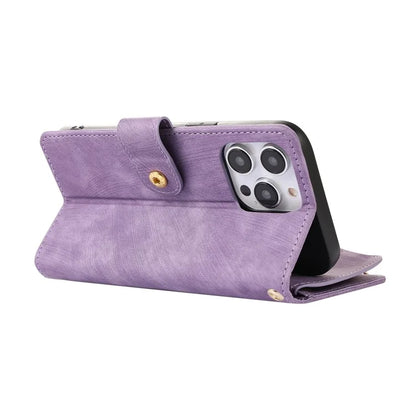 For iPhone 16 Pro Max Case TPU+PU Leather Zipper Pocket Wallet Phone Cover with Wrist Strap
