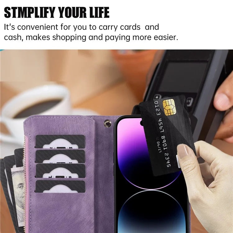 For iPhone 16 Pro Max Case TPU+PU Leather Zipper Pocket Wallet Phone Cover with Wrist Strap