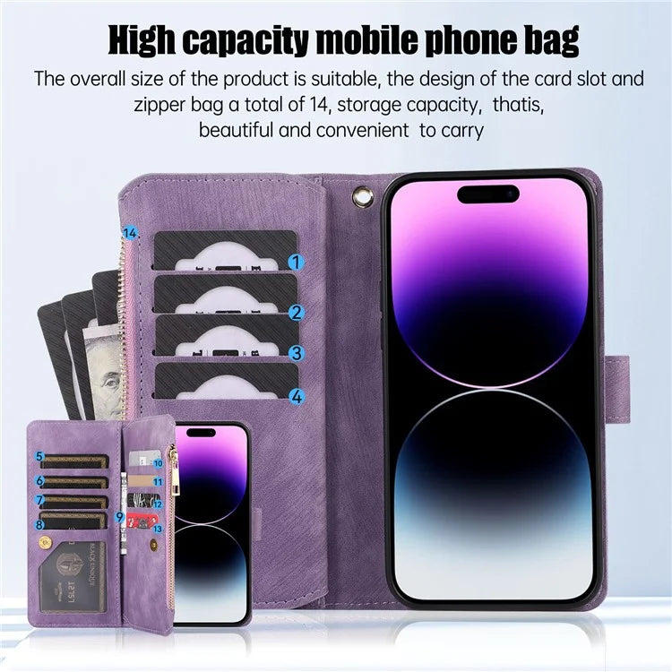 For iPhone 16 Pro Max Case TPU+PU Leather Zipper Pocket Wallet Phone Cover with Wrist Strap
