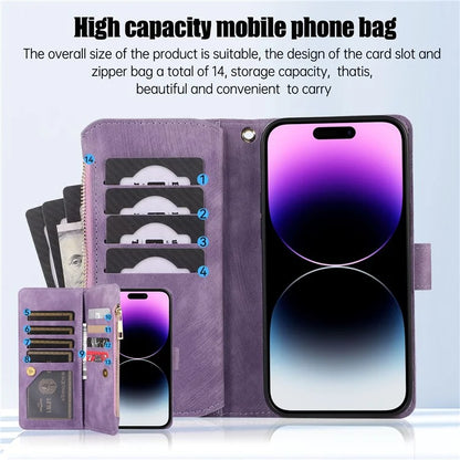 For iPhone 16 Pro Max Case TPU+PU Leather Zipper Pocket Wallet Phone Cover with Wrist Strap