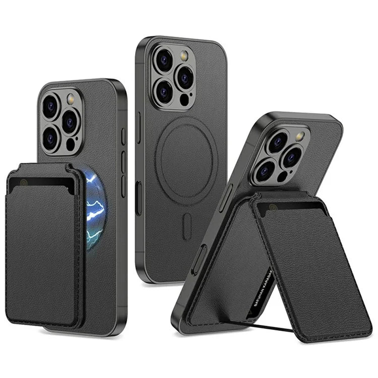 GKK For iPhone 16 Pro Max Case Compatible with MagSafe PU+PC Phone Shell with Card Holder Kickstand