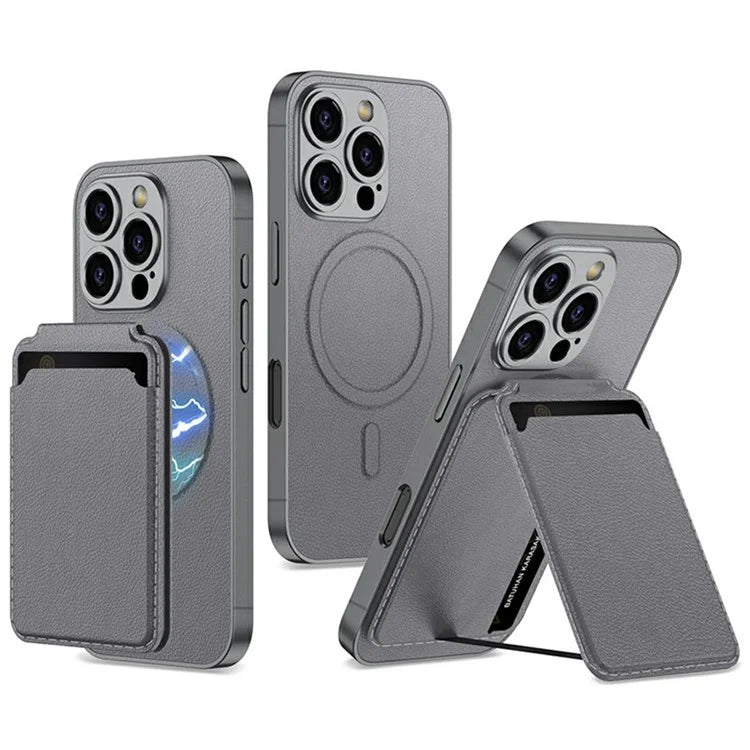 GKK For iPhone 16 Pro Max Case Compatible with MagSafe PU+PC Phone Shell with Card Holder Kickstand