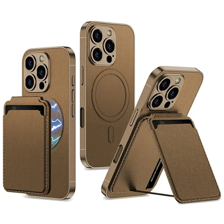 GKK For iPhone 16 Pro Max Case Compatible with MagSafe PU+PC Phone Shell with Card Holder Kickstand