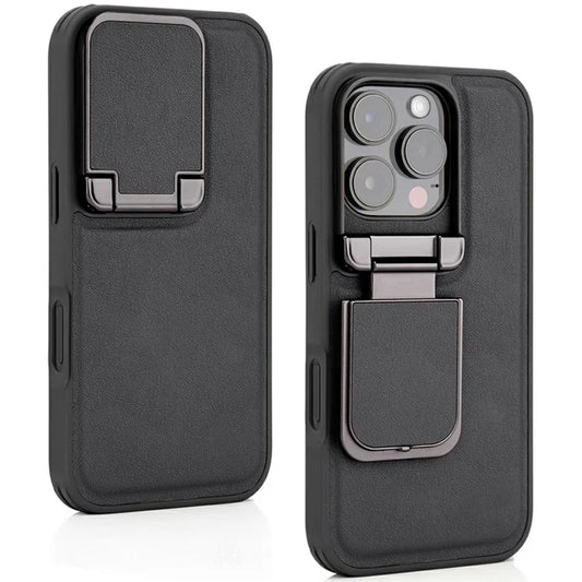 GKK For iPhone 16 Pro Max Case PU Leather Covered PC Phone Shell with Lens Guard Kickstand