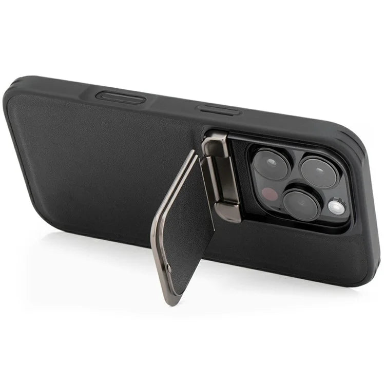 GKK For iPhone 16 Pro Max Case PU Leather Covered PC Phone Shell with Lens Guard Kickstand