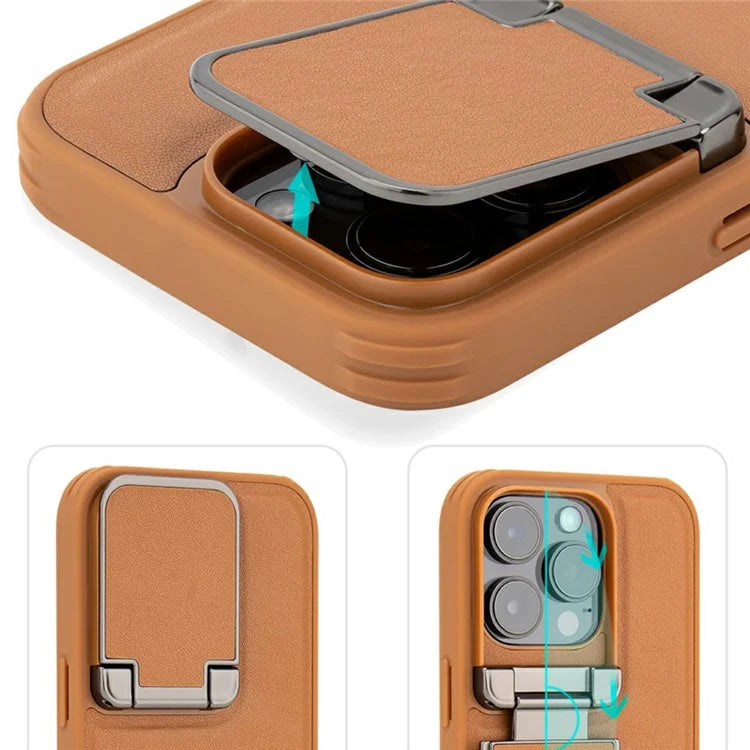 GKK For iPhone 16 Pro Max Case PU Leather Covered PC Phone Shell with Lens Guard Kickstand