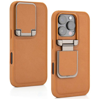 GKK For iPhone 16 Pro Max Case PU Leather Covered PC Phone Shell with Lens Guard Kickstand