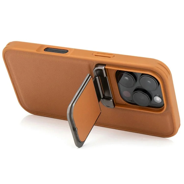 GKK For iPhone 16 Pro Max Case PU Leather Covered PC Phone Shell with Lens Guard Kickstand