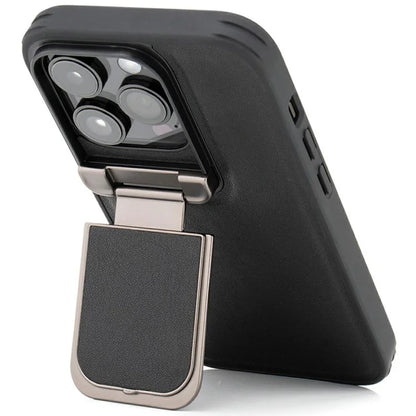 GKK For iPhone 16 Pro Max Case PU Leather Covered PC Phone Shell with Lens Guard Kickstand