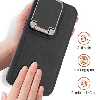 GKK For iPhone 16 Pro Max Case PU Leather Covered PC Phone Shell with Lens Guard Kickstand