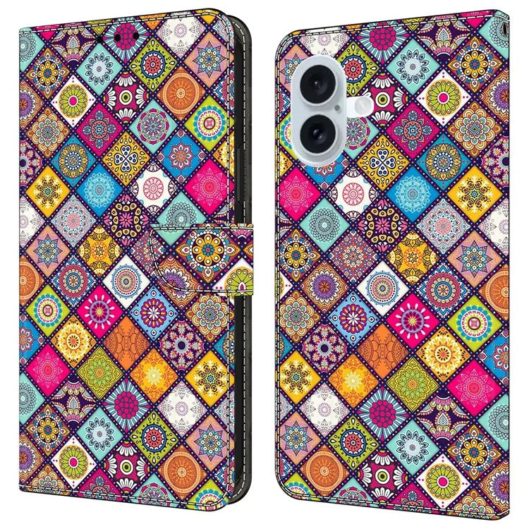For iPhone 16 Plus Case Pattern Printed Protective Cover TPU+PU Leather Flip Phone Case