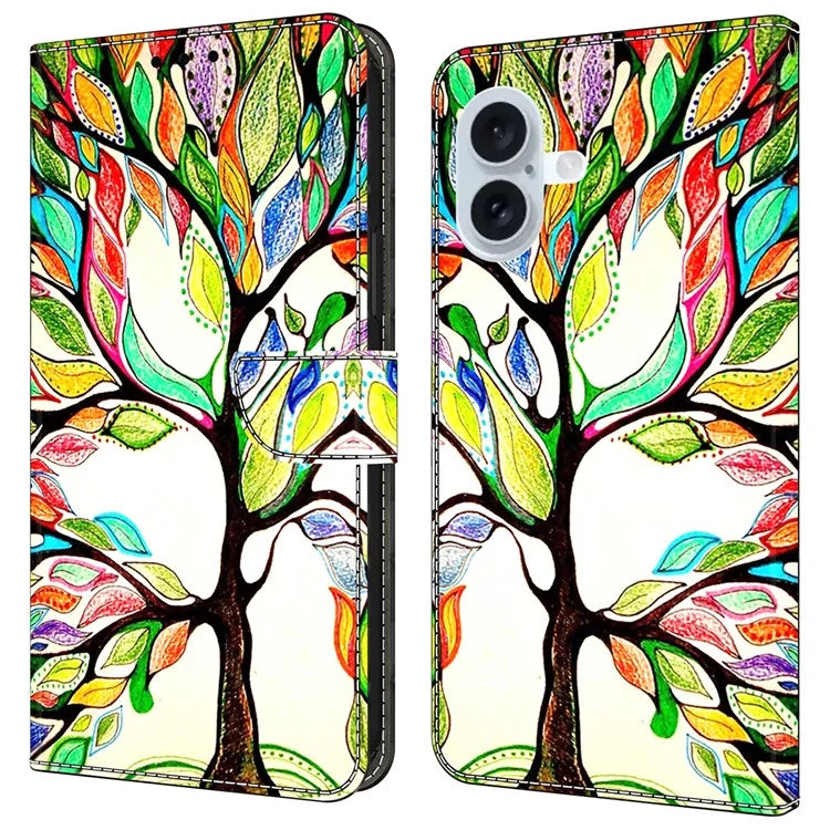 For iPhone 16 Plus Case Pattern Printed Protective Cover TPU+PU Leather Flip Phone Case