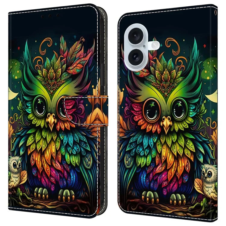 For iPhone 16 Plus Case Pattern Printed Protective Cover TPU+PU Leather Flip Phone Case