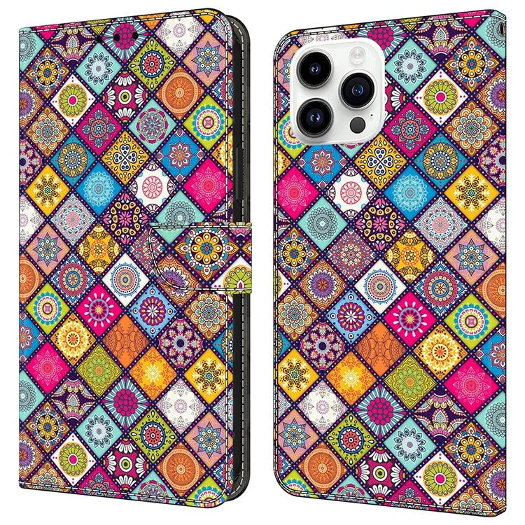 For iPhone 16 Pro Case Pattern Printed Protective Cover TPU+PU Leather Flip Phone Case