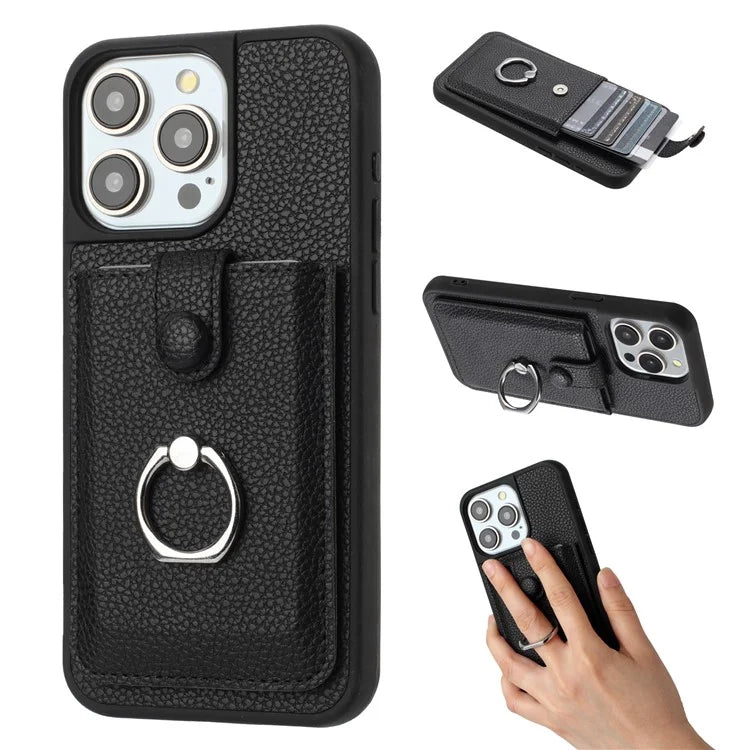 For iPhone 16 Pro Case Drawing Type Card Slots Litchi Texture Leather Back Cover with Ring Kickstand