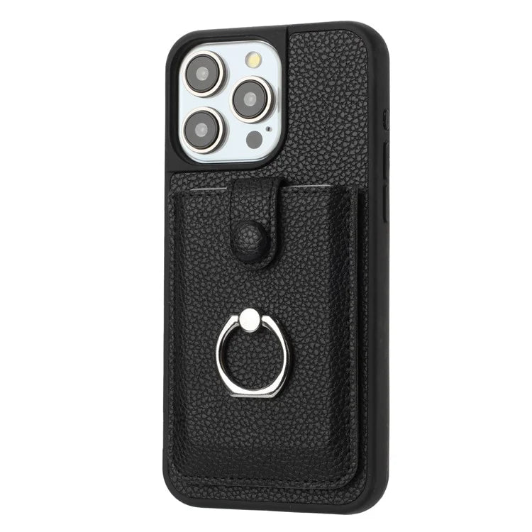 For iPhone 16 Pro Case Drawing Type Card Slots Litchi Texture Leather Back Cover with Ring Kickstand