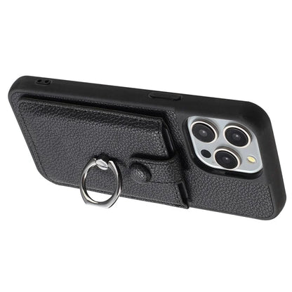 For iPhone 16 Pro Case Drawing Type Card Slots Litchi Texture Leather Back Cover with Ring Kickstand