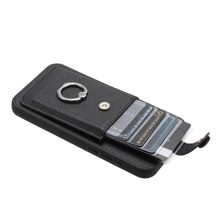 For iPhone 16 Pro Case Drawing Type Card Slots Litchi Texture Leather Back Cover with Ring Kickstand